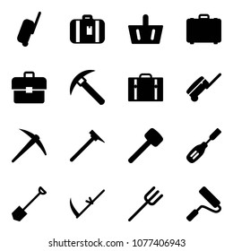 Solid vector icon set - suitcase vector, basket, case, portfolio, rock axe, mason hammer, rubber, chisel, shovel, scythe, farm fork, paint roller