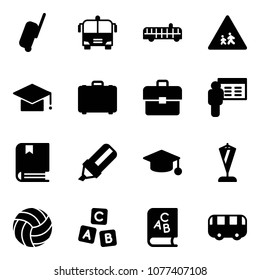 Solid vector icon set - suitcase vector, airport bus, children road sign, graduate hat, case, portfolio, presentation, book, highlight marker, pennant, volleyball, abc cube, toy