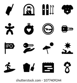Solid vector icon set - suitcase vector, officer window, ski, dog, gymnastics, stopwatch heart, no cart horse road sign, key, ipo, hand, beach, reading, surfing, bucket scoop, terms plan, beanbag