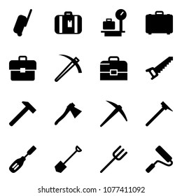 Solid vector icon set - suitcase vector, baggage scales, case, portfolio, job, saw, hammer, axe, mason, chisel, shovel, farm fork, paint roller