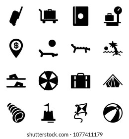 Solid vector icon set - suitcase vector, baggage, passport, scales, dollar pin, lounger, palm, flip flops, parasol, tent, shell, sand castle, kite, beach ball
