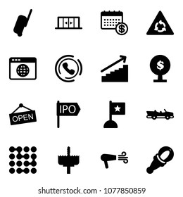 Solid vector icon set - suitcase vector, automatic doors, calendar, round motion road sign, browser globe, phone horn, growth, money tree, open, ipo, flag, cabrio, circuit, crown drill, dryer