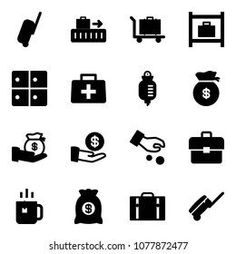Solid vector icon set - suitcase vector, baggage, room, doctor bag, drop counter, money, investment, portfolio, green tea