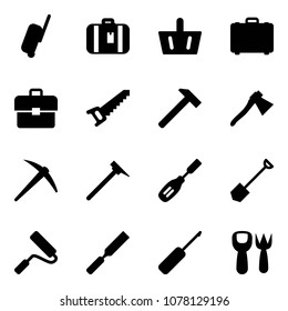 Solid vector icon set - suitcase vector, basket, case, portfolio, saw, hammer, axe, mason, chisel, shovel, paint roller, rasp, awl, fork toy