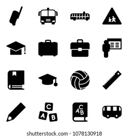 Solid vector icon set - suitcase vector, airport bus, children road sign, graduate hat, case, portfolio, presentation, book, volleyball, ruler, pencil, abc cube, toy