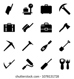 Solid vector icon set - suitcase vector, baggage scales, case, rock axe, mason hammer, chisel, shovel, scythe, paint roller, awl, fork toy