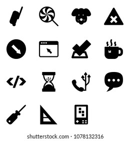 Solid vector icon set - suitcase vector, lollipop, dog, railway intersection road sign, detour, cursor browser, check, hot tea, tag code, sand clock, phone, chat, screwdriver, corner ruler