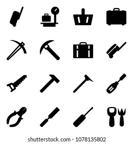 Solid vector icon set - suitcase vector, baggage scales, basket, case, job, rock axe, saw, hammer, mason, chisel, side cutters, rasp, awl, shovel fork toy