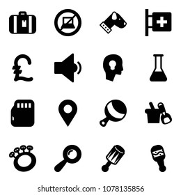 Solid vector icon set - suitcase vector, no computer sign, dog, first aid room, pound, low volume, head bulb, flask, micro flash card, navigation pin, beanbag, shovel bucket