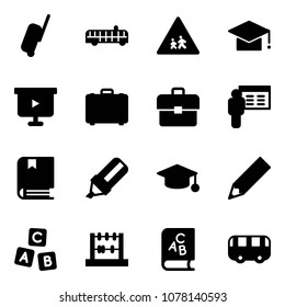 Solid vector icon set - suitcase vector, airport bus, children road sign, graduate hat, presentation board, case, portfolio, book, highlight marker, pencil, abc cube, abacus, toy