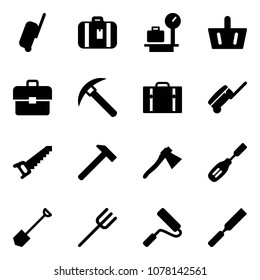Solid vector icon set - suitcase vector, baggage scales, basket, portfolio, rock axe, saw, hammer, chisel, shovel, farm fork, paint roller, rasp