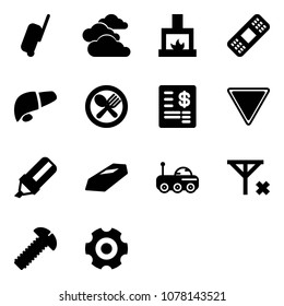 Solid vector icon set - suitcase vector, clouds, fireplace, medical patch, liver, fork spoon plate, account statement, giving way road sign, highlight marker, gold, moon rover, no signal, screw