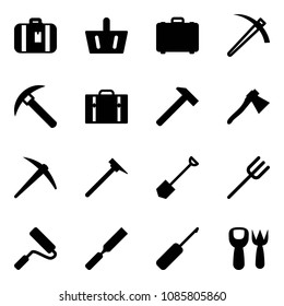 Solid vector icon set - suitcase vector, basket, case, job, rock axe, hammer, mason, shovel, farm fork, paint roller, rasp, awl, toy