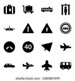 Solid vector icon set - suitcase vector, baggage, airport bus, metal detector gate, plane, traffic light road sign, intersection, no, detour, minimal speed limit, paper fly, limousine, toy