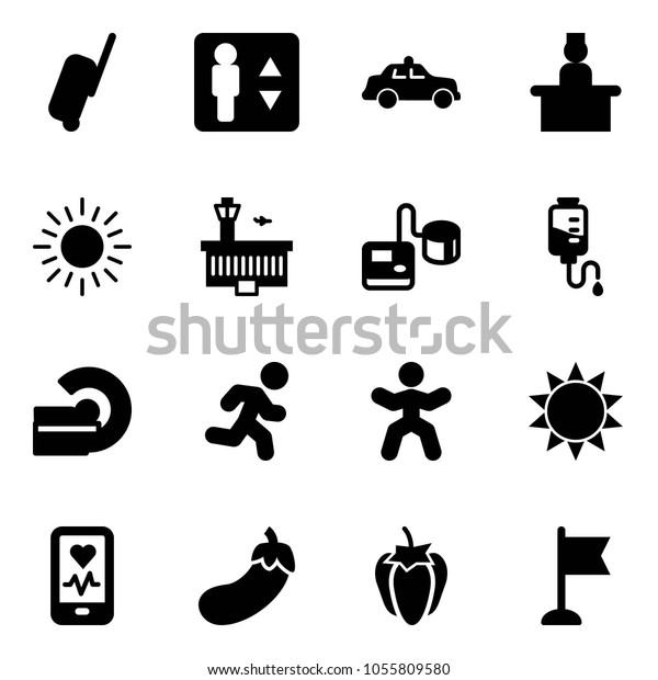 Solid vector icon set - suitcase vector, elevator,\
safety car, recieptionist, sun, airport building, tonometer, drop\
counter, mri, run, gymnastics, mobile heart monitor, eggplant,\
sweet pepper, flag