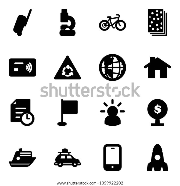 Solid\
vector icon set - suitcase vector, lab, bike, breads, tap pay,\
round motion road sign, globe, home, history, flag, idea, money\
tree, cruiser, car baggage, mobile phone,\
rocket