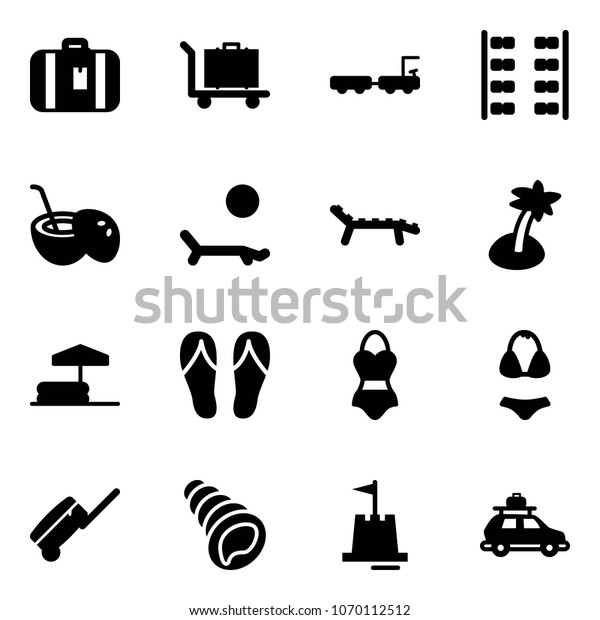 Solid vector icon set -\
suitcase vector, baggage, truck, plane seats, coconut cocktail,\
lounger, palm, inflatable pool, flip flops, swimsuit, shell, sand\
castle, car