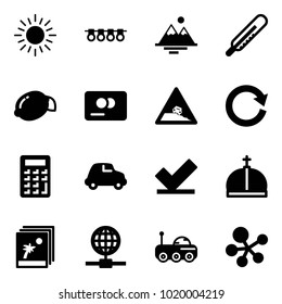 Solid vector icon set - sun vector, garland, mountains, thermometer, lemon, credit card, steep roadside road sign, reload, calculator, car, check, crown, photo, globe, moon rover, molecule