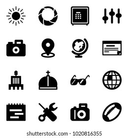 Solid vector icon set - sun vector, christmas wreath, safe, settings, camera, map pin, globe, schedule, bank building, crown, sunglasses, terms plan, wrench screwdriver, football