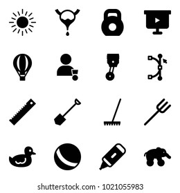 Solid vector icon set - sun vector, bladder, weight, presentation board, air balloon, winner, piston, bezier, ruler, shovel, rake, farm fork, duck toy, ball, marker, elephant wheel