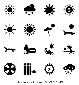 Solid vector icon set - sun vector, snowfall, dollar, beach, lounger, uv cream, palm, parasol, panel, power, snow