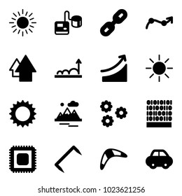 Solid vector icon set - sun vector, tonometer, link, chart point arrow, up, growth, rise, mountains, flower, binary code, cpu, staple, boomerang, car