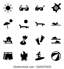 Solid vector icon set - sun vector, sunglasses, sea turtle, beach, lounger, swimming, bungalow, palm, feet, flip flops, swimsuit, fire, surfing, ball