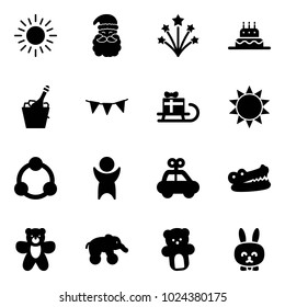 Solid vector icon set - sun vector, santa claus, firework, cake, champagne, flag garland, sleigh gift, community, success, car toy, crocodile, bear, elephant wheel, rabbit