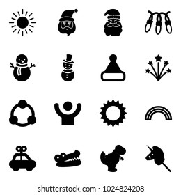 Solid vector icon set - sun vector, santa claus, garland, snowman, christmas hat, firework, community, success, rainbow, car toy, crocodile, dinosaur, unicorn stick
