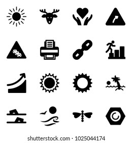 Solid vector icon set - sun vector, christmas deer, heart care, turn right road sign, multi lane traffic, printer, link, career, rise, palm, flip flops, waves, dragonfly, nut