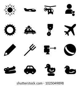 Solid vector icon set - sun vector, small plane, helicopter, winner, car baggage, piston, pencil, farm fork, laser lever, ball, crocodile, toy duck
