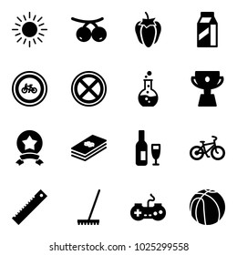 Solid vector icon set - sun vector, rowanberry, sweet pepper, milk, no bike road sign, stop, round flask, cup, star medal, dollar, wine, ruler, rake, gamepad, basketball