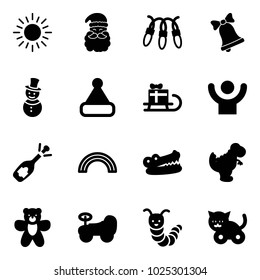 Solid vector icon set - sun vector, santa claus, garland, bell, snowman, christmas hat, sleigh gift, success, fizz opening, rainbow, crocodile, dinosaur toy, bear, baby car, caterpillar, cat