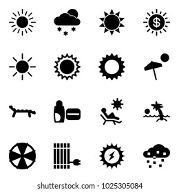 Solid vector icon set - sun vector, snowfall, dollar, beach, lounger, uv cream, palm, parasol, panel, power, snow
