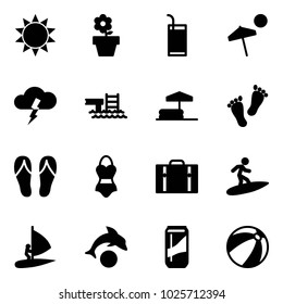 Solid vector icon set - sun vector, flower pot, drink, beach, storm, pool, inflatable, feet, flip flops, swimsuit, suitcase, surfing, windsurfing, dolphin, ball