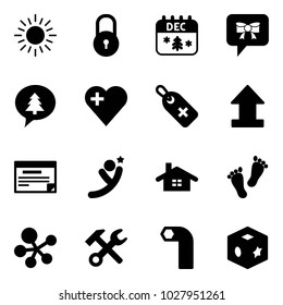 Solid vector icon set - sun vector, lock, christmas calendar, bow message, merry, heart, medical label, uplooad, schedule, flying man, home, feet, molecule, wrench hammer, allen key, cube toy