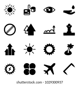 Solid vector icon set - sun vector, tonometer, eye, drop hand, no limit road sign, arrow up, growth, winner, arrows, palm, power, atom core, plane, staple