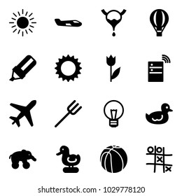 Solid vector icon set - sun vector, small plane, bladder, air balloon, highlight marker, tulip, server wireless, farm fork, bulb, duck toy, elephant wheel, basketball, Tic tac toe