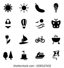 Solid vector icon set - sun vector, banana, ice cream, swimsuit, air balloon, waves, butterfly, tulip, windsurfing, bike, grill, forest, sand castle, cruiser, kite