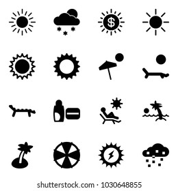 Solid vector icon set - sun vector, snowfall, dollar, beach, lounger, uv cream, palm, parasol, power, snow