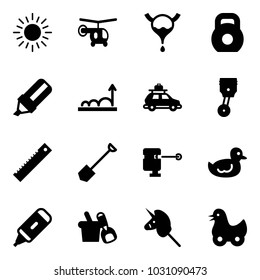 Solid vector icon set - sun vector, helicopter, bladder, weight, highlight marker, growth, car baggage, piston, ruler, shovel, laser lever, duck toy, bucket, unicorn stick