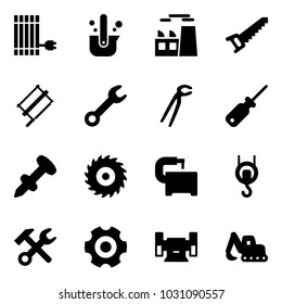 Solid vector icon set - sun panel vector, casting of steel, plant, saw, bucksaw, wrench, plumber, screwdriver, nail dowel, disk, machine tool, winch, hammer, gear, sharpening, excavator toy