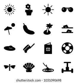 Solid vector icon set - sun vector, flower pot, sunglasses, beach, banana, palm, flip flops, woman hat, suitcase, passport, lifebuoy, dragonfly, shell, fishing, gyroscope