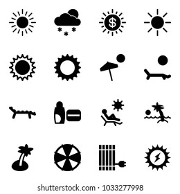 Solid vector icon set - sun vector, snowfall, dollar, beach, lounger, uv cream, palm, parasol, panel, power