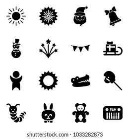 Solid vector icon set - sun vector, firework, santa claus, bell, snowman, flag garland, sleigh gift, success, crocodile, horse stick toy, caterpillar, rabbit, bear, piano