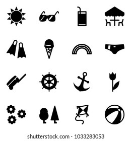 Solid vector icon set - sun vector, sunglasses, drink, outdoor cafe, flippers, ice cream, rainbow, swimsuit, suitcase, hand wheel, anchor, tulip, flower, forest, kite, beach ball