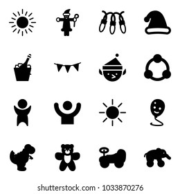 Solid vector icon set - sun vector, santa claus, garland, christmas hat, champagne, flag, elf, community, success, balloon smile, dinosaur toy, bear, baby car, elephant wheel