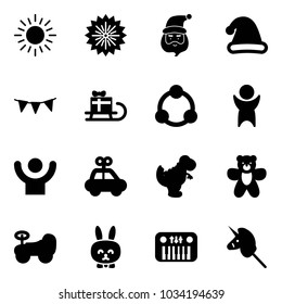 Solid vector icon set - sun vector, firework, santa claus, christmas hat, flag garland, sleigh gift, community, success, car toy, dinosaur, bear, baby, rabbit, piano, unicorn stick