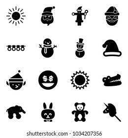 Solid vector icon set - sun vector, santa claus, garland, snowman, christmas hat, elf, money smile, crocodile, elephant wheel, toy rabbit, bear, unicorn stick