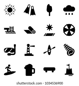 Solid vector icon set - sun vector, flippers, ice cream, rain cloud, pool, mat, parasol, diving, lighthouse, kayak, shell, surfing, beer, skateboard, sand castle